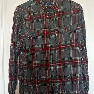 Gray and Red Plaid Flannel Button-Up Shirt
